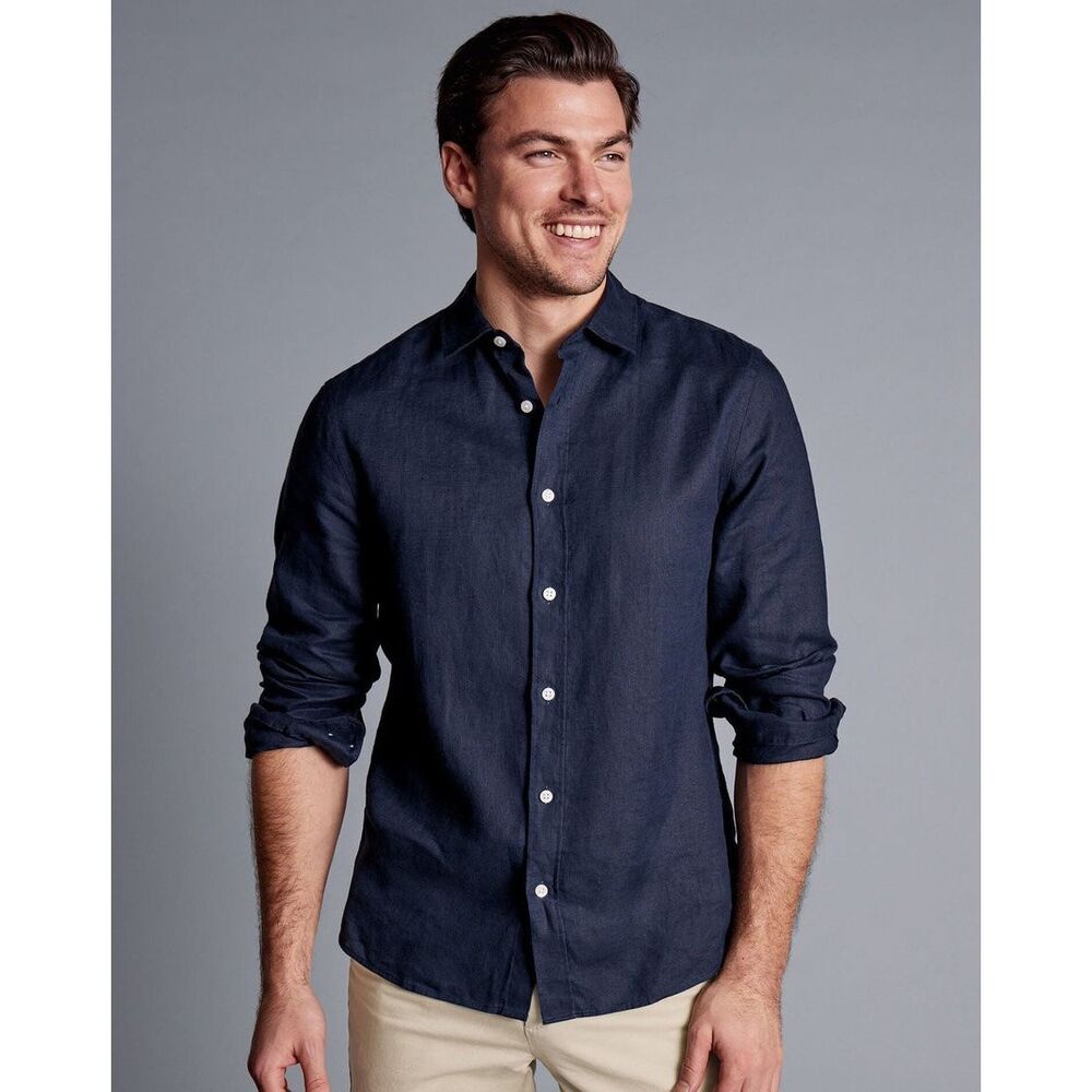 Charles Tyrwhitt Slim Fit Long Sleeve Linen Button-Front Shirt Navy Large